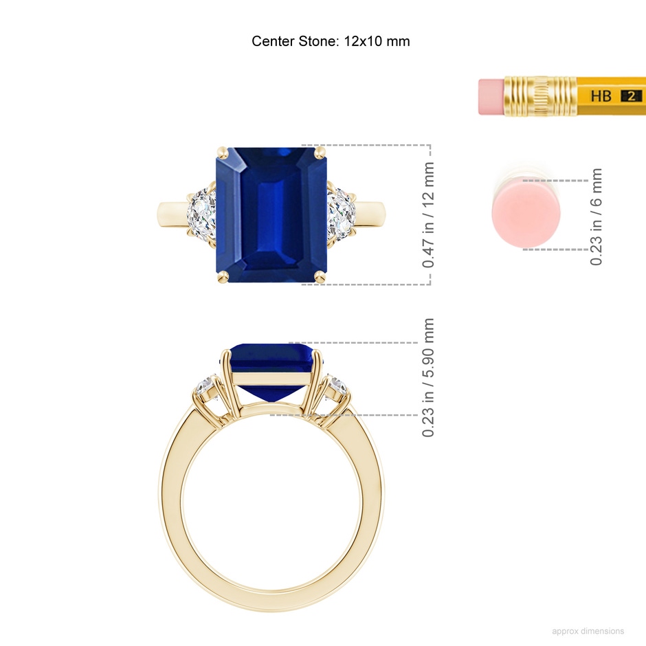 12x10mm Lab-Grown Emerald-Cut Blue Sapphire and Half Moon Diamond Three Stone Ring in Yellow Gold ruler