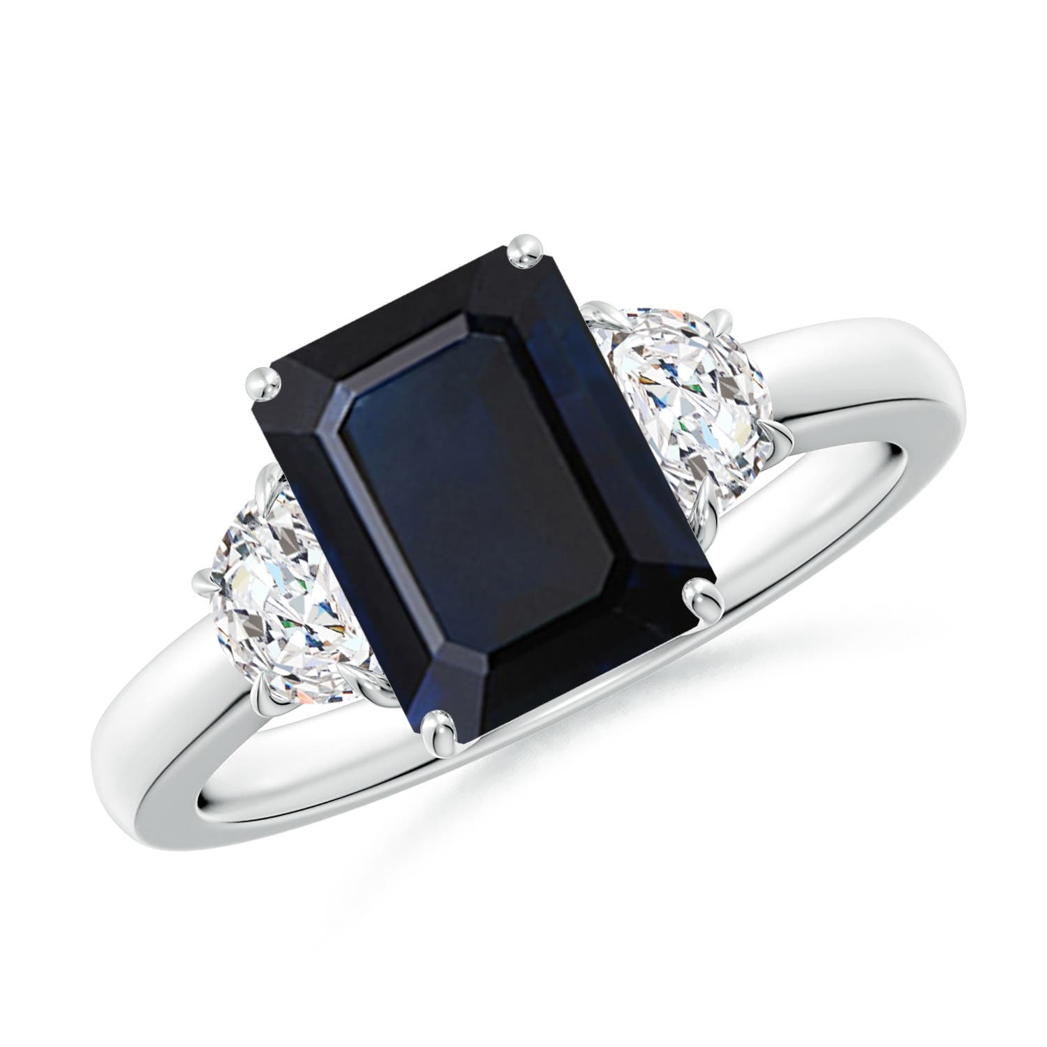 Emerald-Cut Blue Sapphire and Half Moon Diamond Three Stone Ring