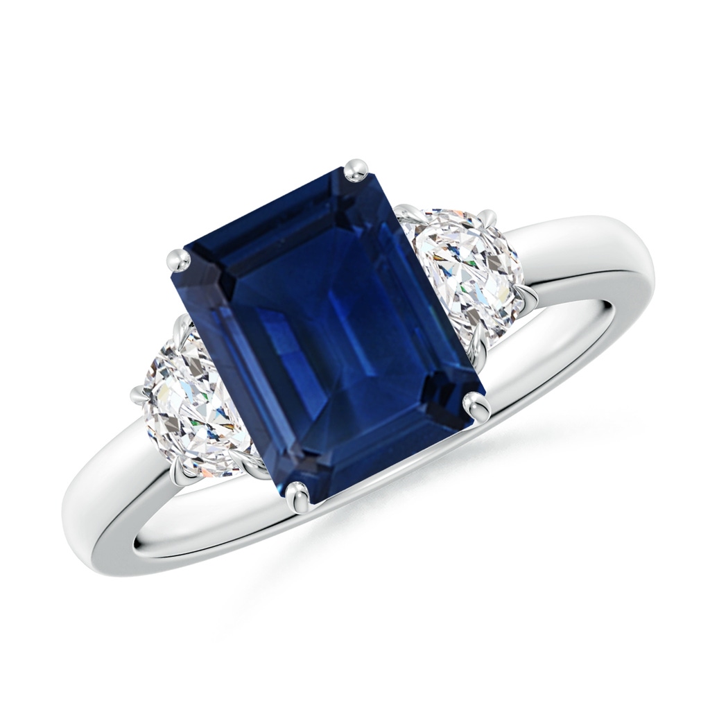 9x7mm AAA Emerald-Cut Blue Sapphire and Half Moon Diamond Three Stone Ring in White Gold