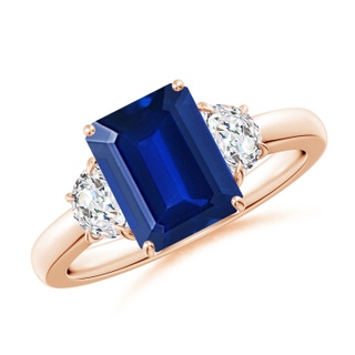 9x7mm AAAA Emerald-Cut Blue Sapphire and Half Moon Diamond Three Stone Ring in Rose Gold