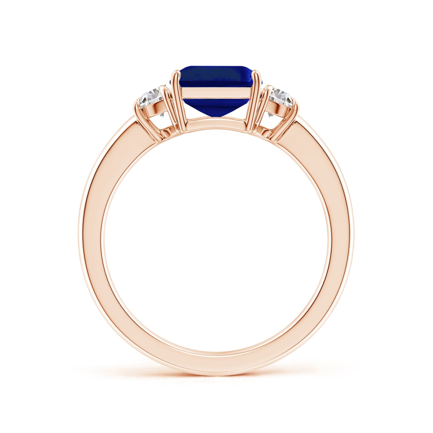 9x7mm AAAA Emerald-Cut Blue Sapphire and Half Moon Diamond Three Stone Ring in Rose Gold