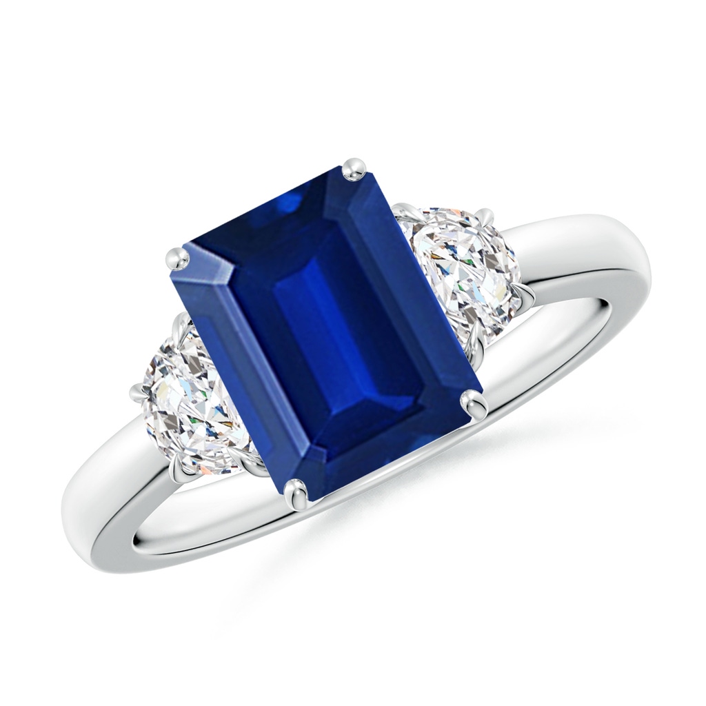 9x7mm Lab-Grown Emerald-Cut Blue Sapphire and Half Moon Diamond Three Stone Ring in White Gold