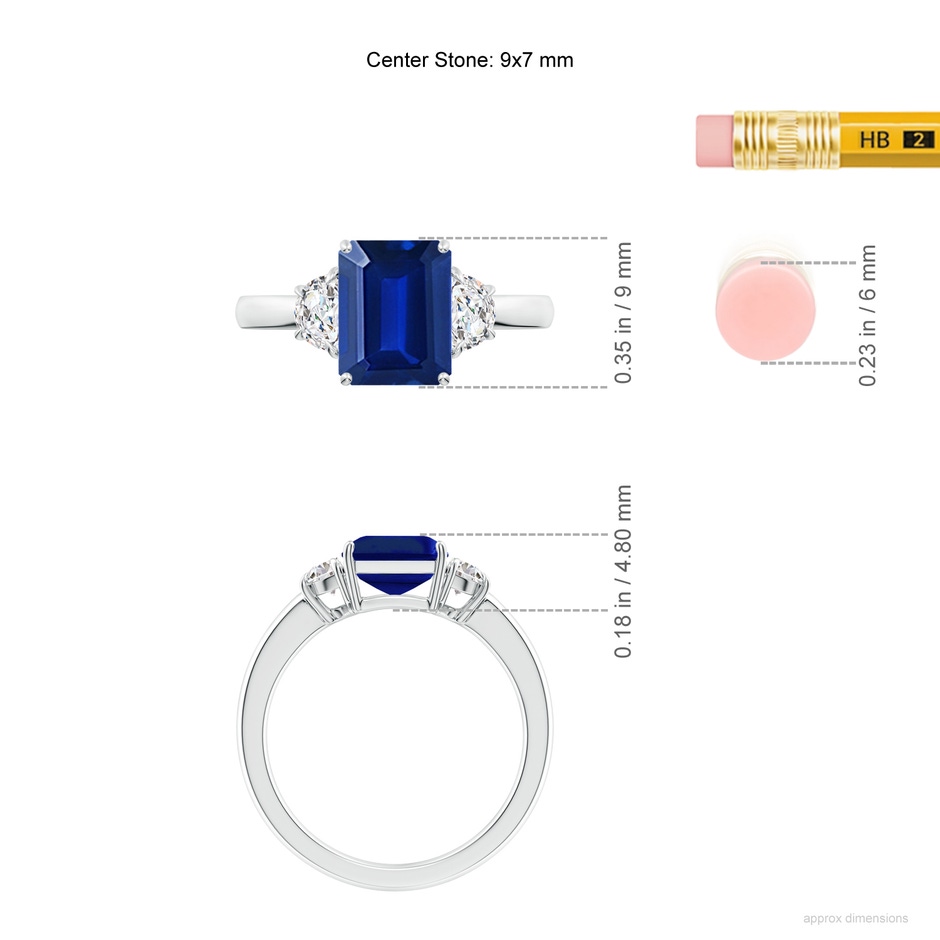 9x7mm Lab-Grown Emerald-Cut Blue Sapphire and Half Moon Diamond Three Stone Ring in White Gold ruler