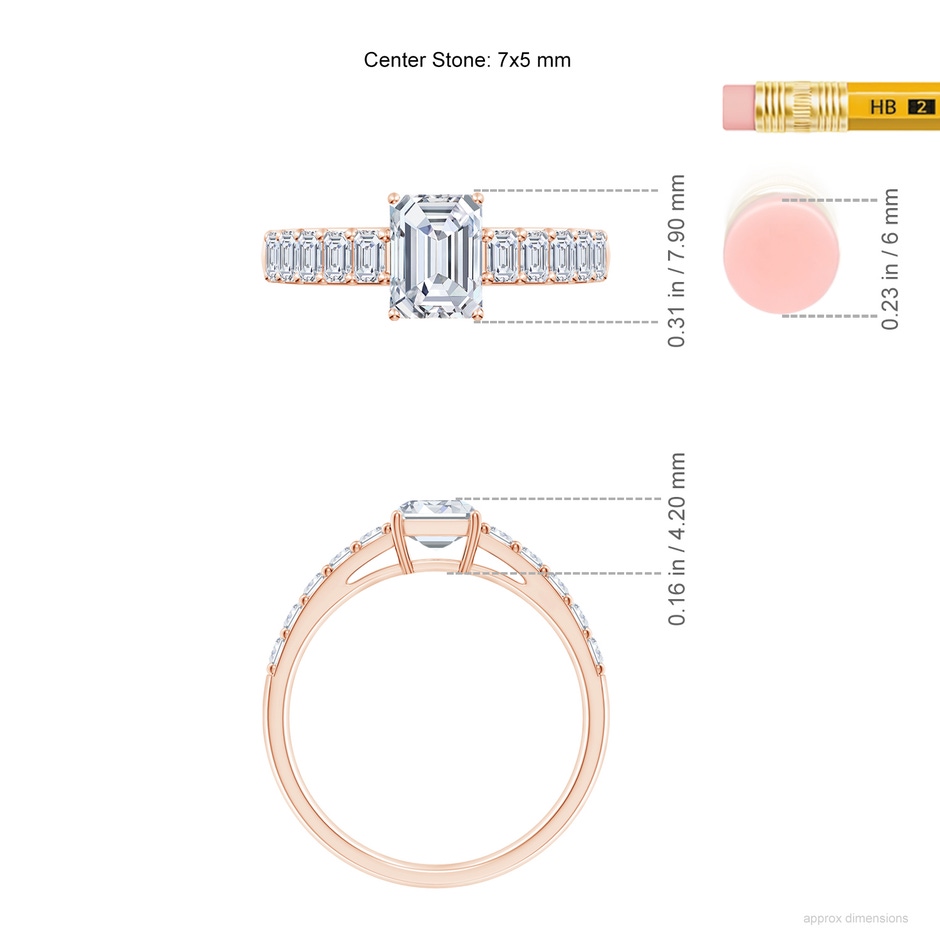 7x5mm GVS2 Emerald-Cut Diamond Ring with Accents in 18K Rose Gold ruler