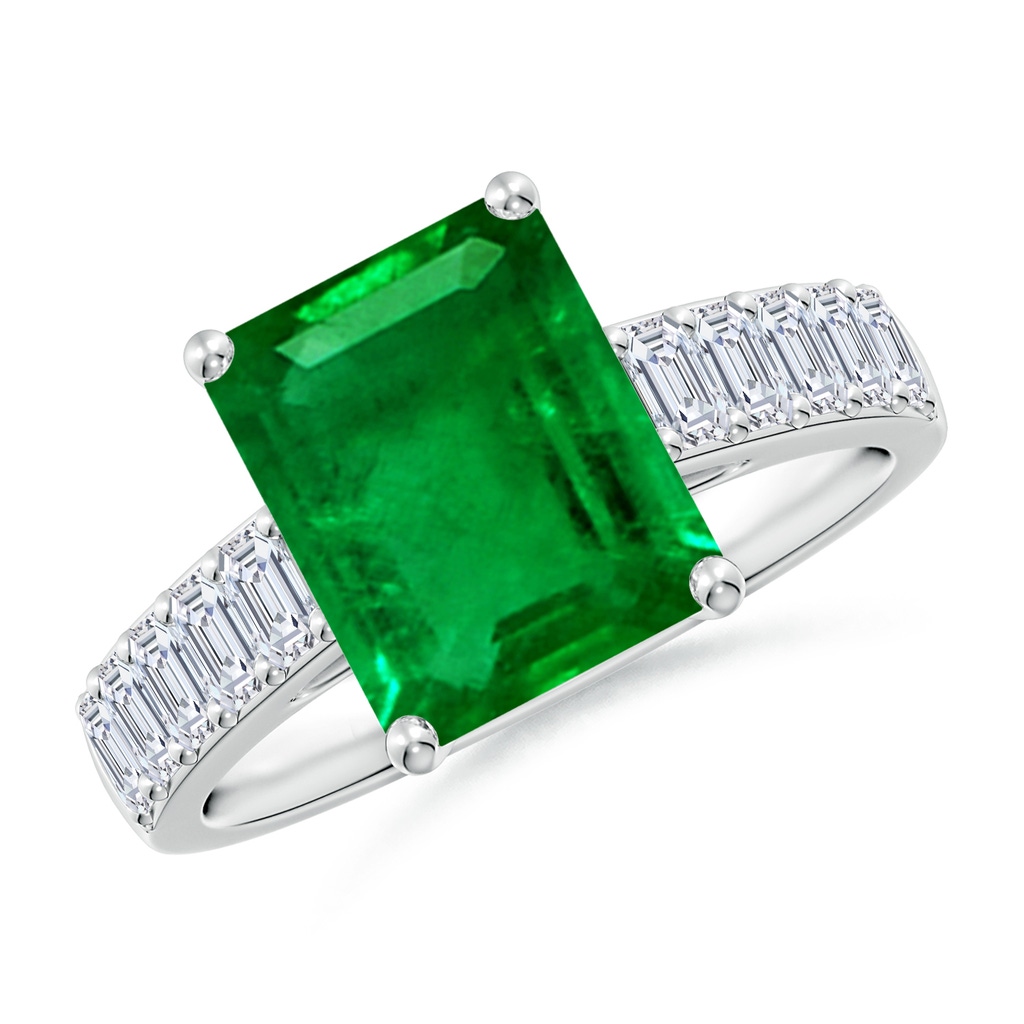 10x8mm AAAA Emerald-Cut Emerald Ring with Diamond Accents in S999 Silver