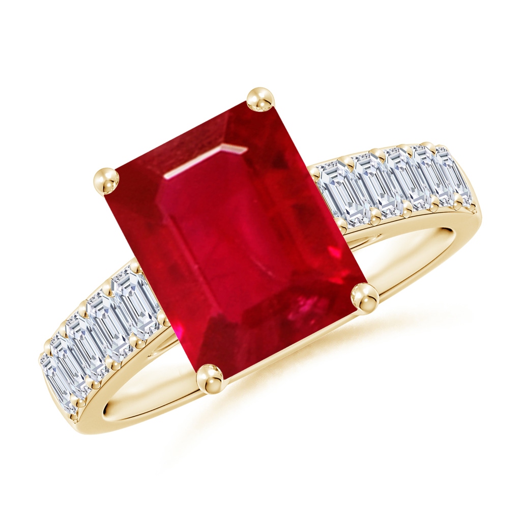 10x8mm AAA Emerald-Cut Ruby Ring with Diamond Accents in Yellow Gold