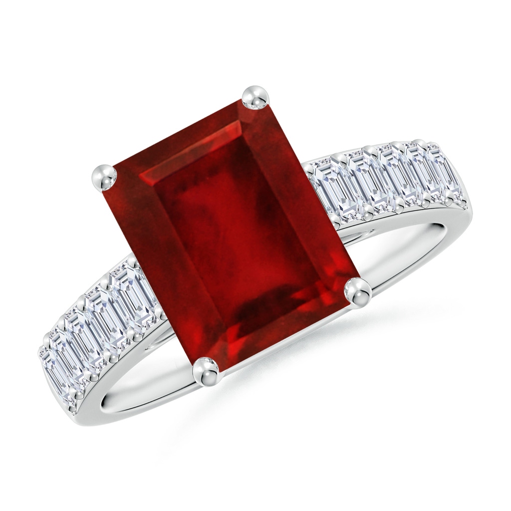 10x8mm AAAA Emerald-Cut Ruby Ring with Diamond Accents in S999 Silver