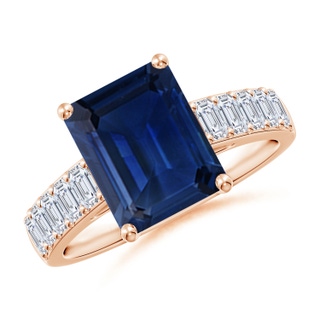 10x8mm AAA Emerald-Cut Blue Sapphire Ring with Diamond Accents in Rose Gold