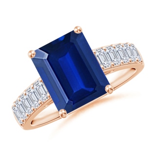10x8mm AAAA Emerald-Cut Blue Sapphire Ring with Diamond Accents in Rose Gold