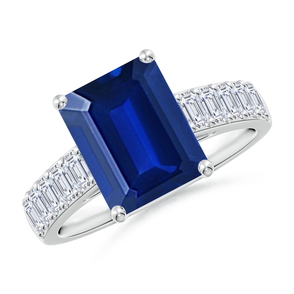 10x8mm AAAA Emerald-Cut Blue Sapphire Ring with Diamond Accents in S999 Silver