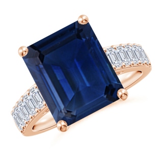 12x10mm AAA Emerald-Cut Blue Sapphire Ring with Diamond Accents in Rose Gold