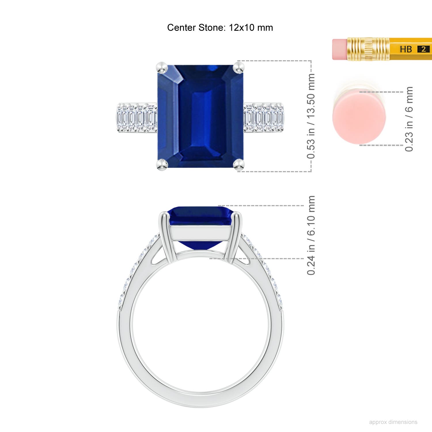 12x10mm AAAA Emerald-Cut Blue Sapphire Ring with Diamond Accents in White Gold - ruler