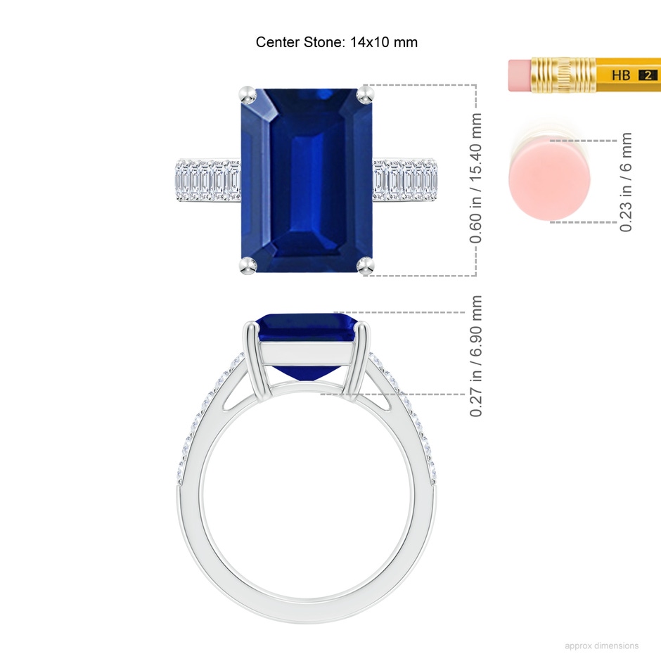 14x10mm Lab-Grown Emerald-Cut Blue Sapphire Ring with Diamond Accents in P950 Platinum ruler