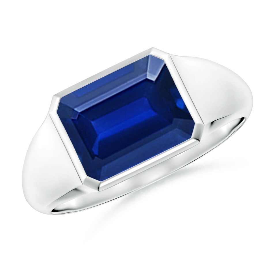 9x7mm Lab-Grown Emerald-Cut Blue Sapphire Signet Ring in S999 Silver 