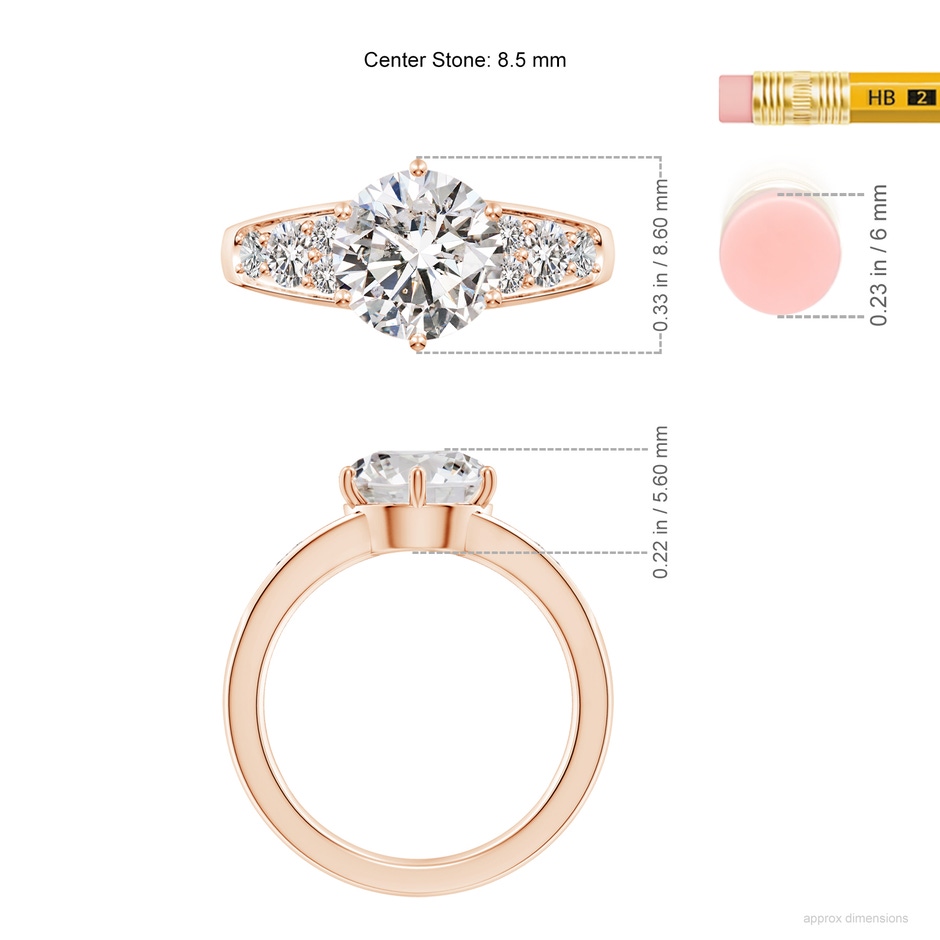 8.5mm IJI1I2 Round Diamond Engagement Ring with Accents in Rose Gold ruler
