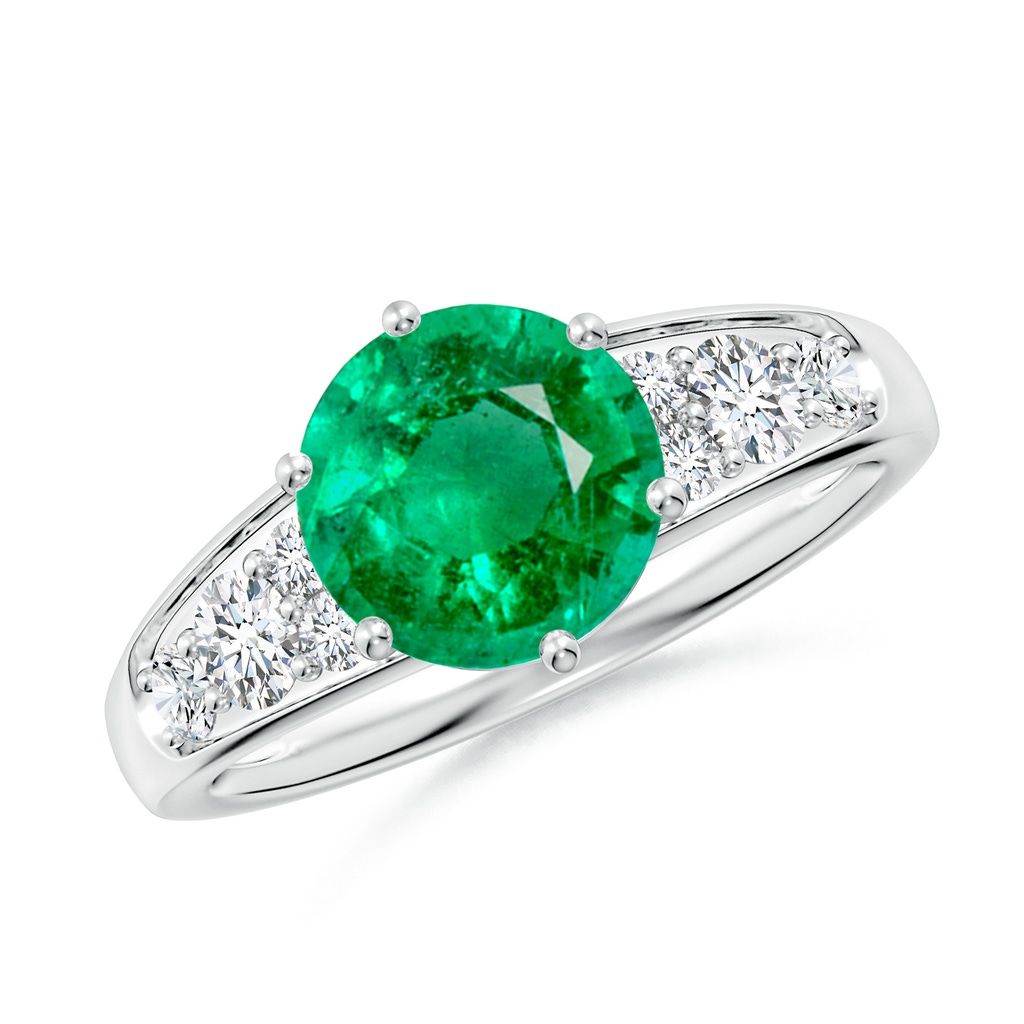 8mm AAA Round Emerald Engagement Ring with Diamonds in White Gold
