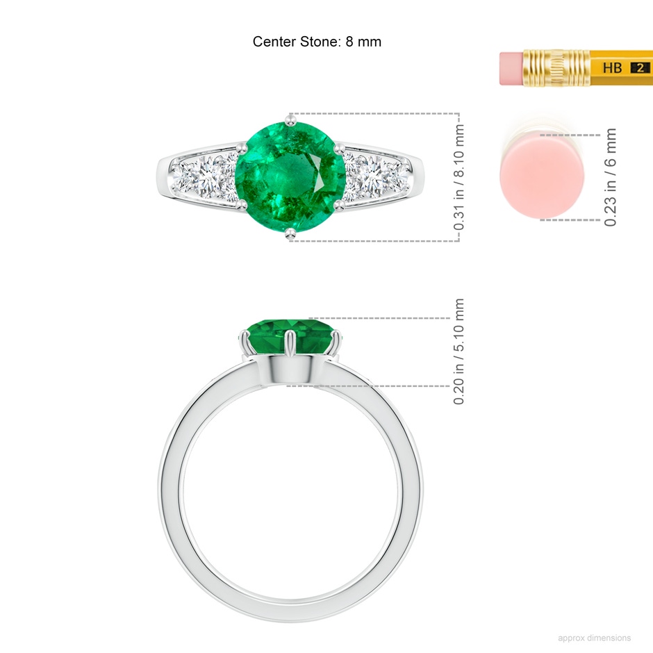 8mm AAA Round Emerald Engagement Ring with Diamonds in White Gold ruler