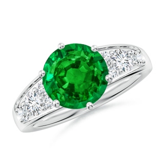 9mm AAAA Round Emerald Engagement Ring with Diamonds in P950 Platinum