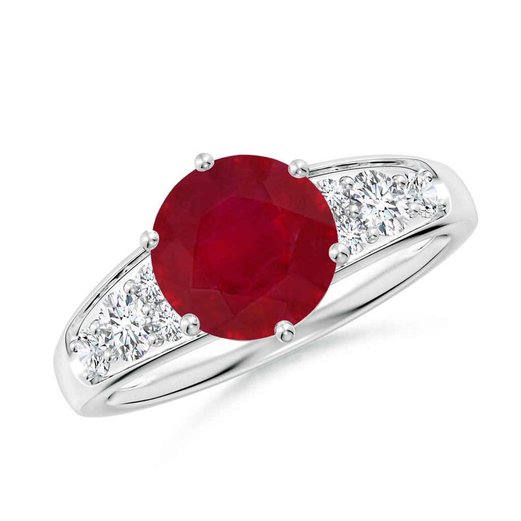 8mm AA Round Ruby Engagement Ring with Diamonds in White Gold