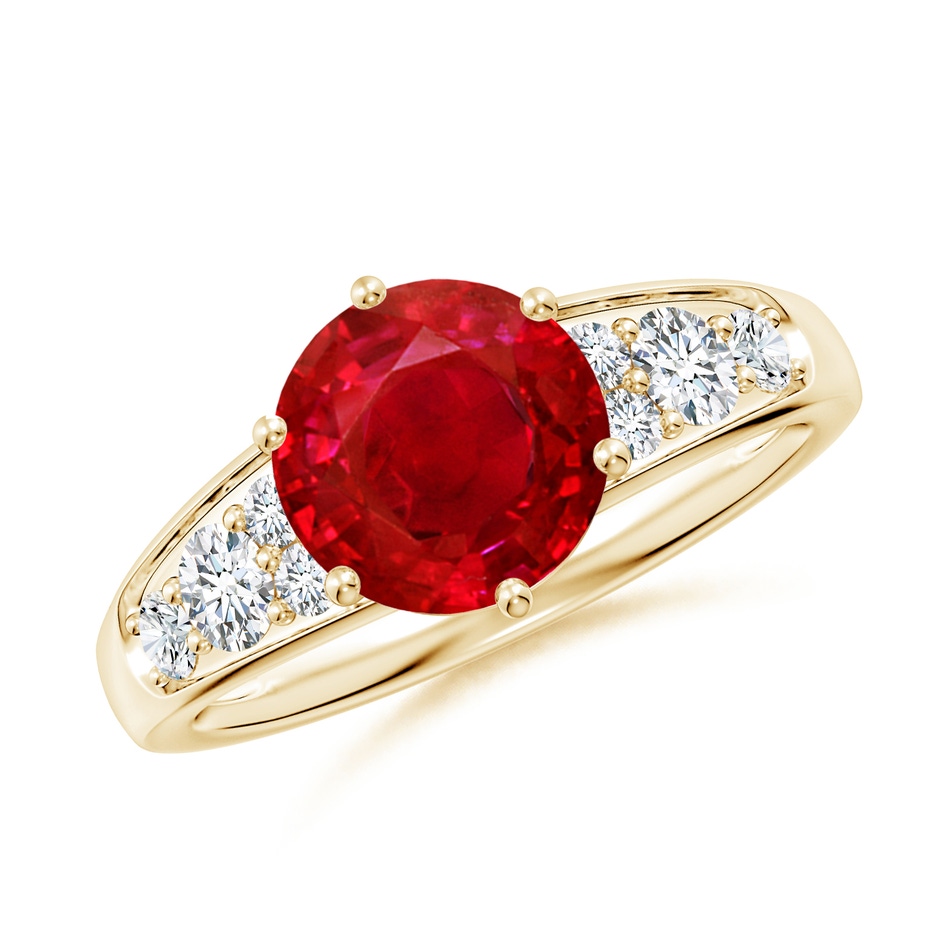 8mm AAA Round Ruby Engagement Ring with Diamonds in Yellow Gold 