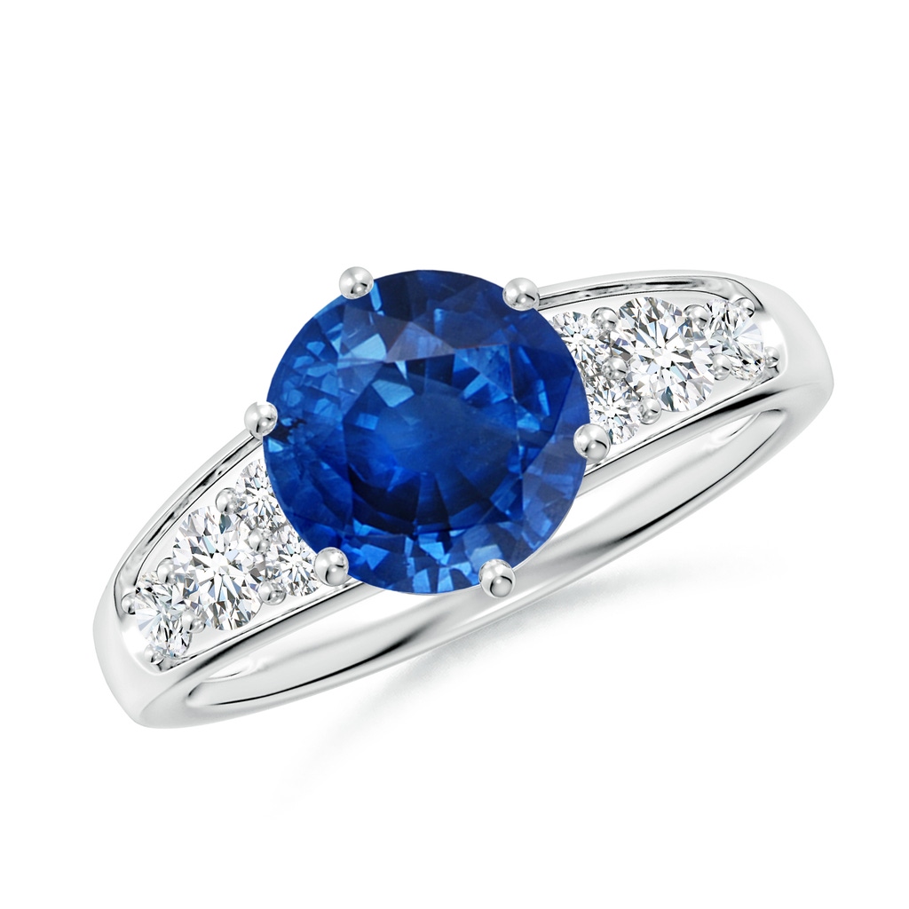 8mm AAA Round Blue Sapphire Engagement Ring with Diamonds in White Gold