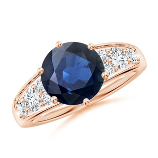 9mm AA Round Blue Sapphire Engagement Ring with Diamonds in Rose Gold