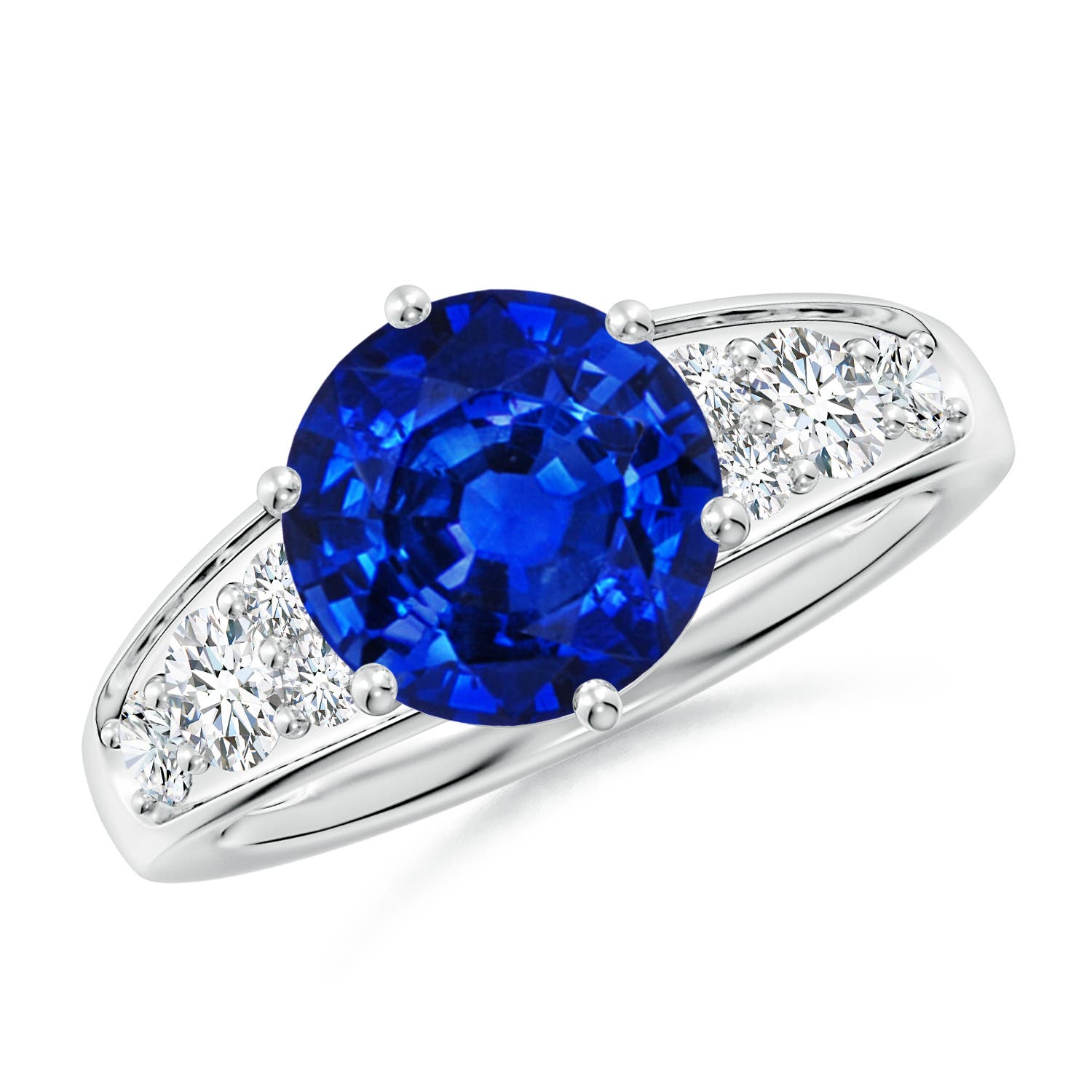 9mm AAAA Round Blue Sapphire Engagement Ring with Diamonds in White Gold