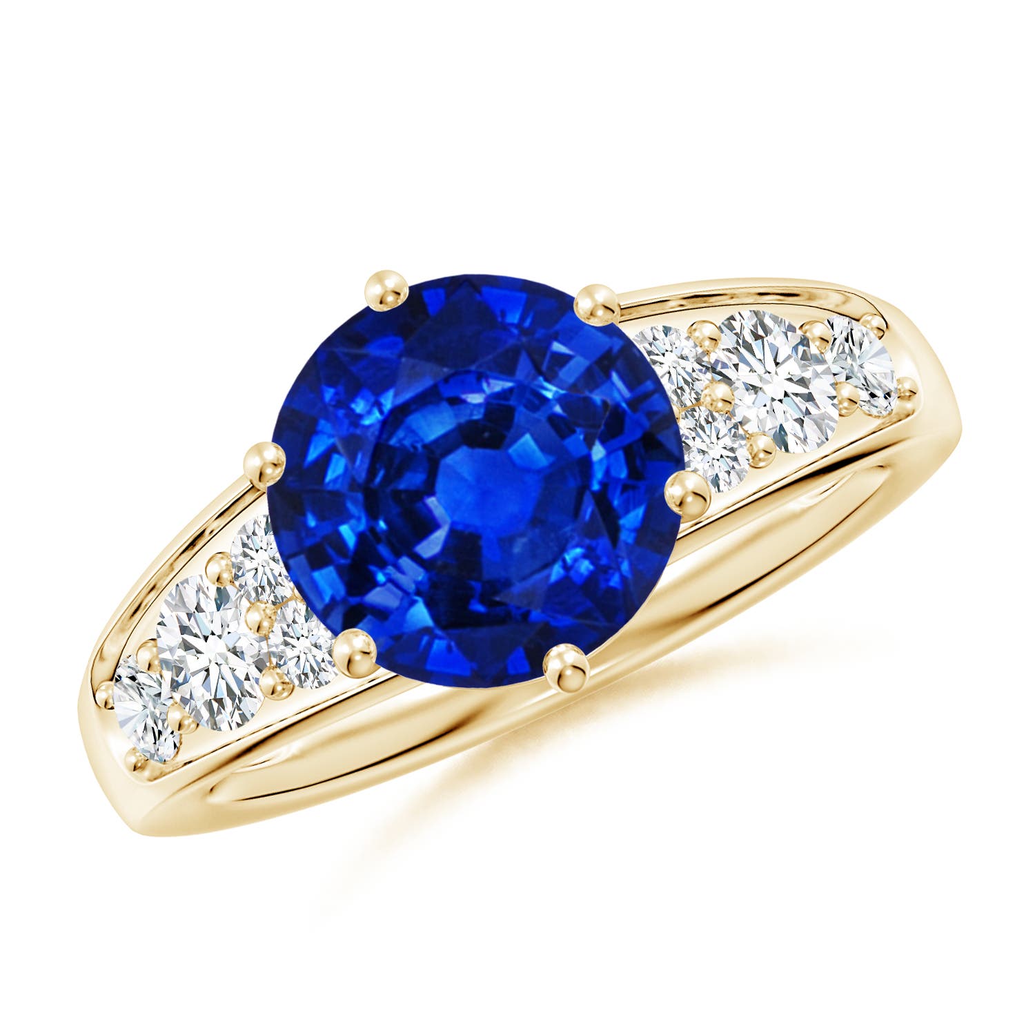 9mm AAAA Round Blue Sapphire Engagement Ring with Diamonds in Yellow Gold