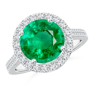 10mm AAA Round Emerald Halo Ring with Diamond Accents in S999 Silver