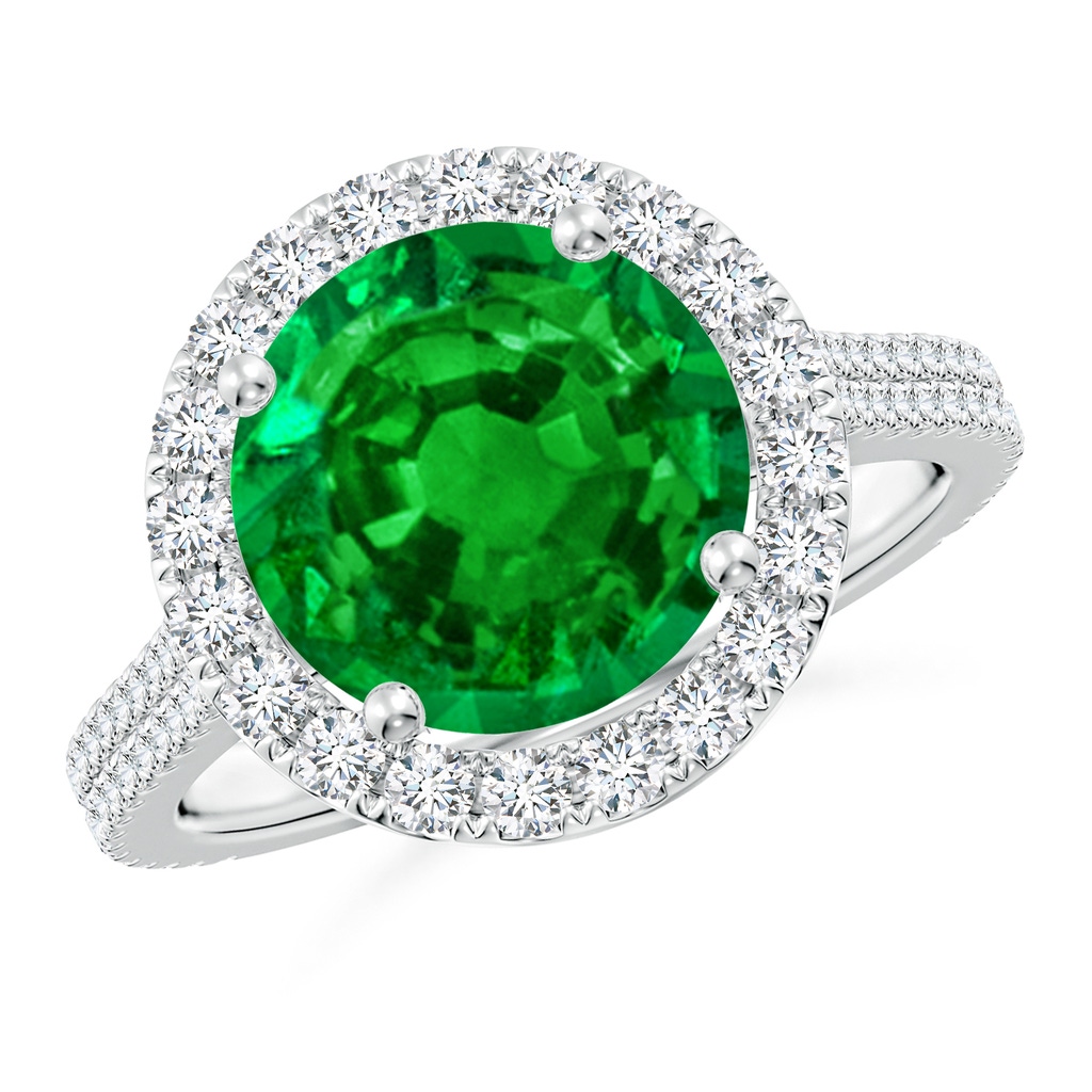 10mm AAAA Round Emerald Halo Ring with Diamond Accents in P950 Platinum