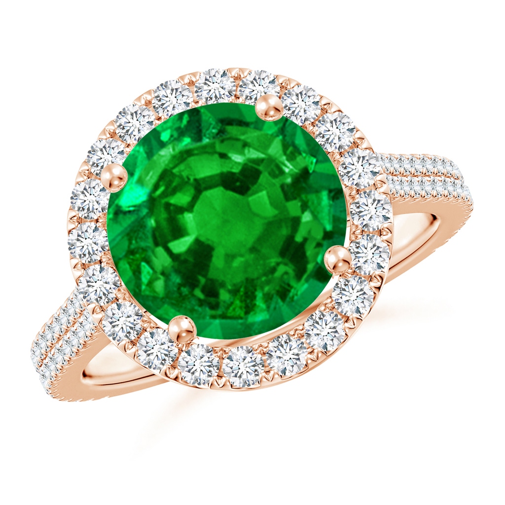 10mm AAAA Round Emerald Halo Ring with Diamond Accents in Rose Gold