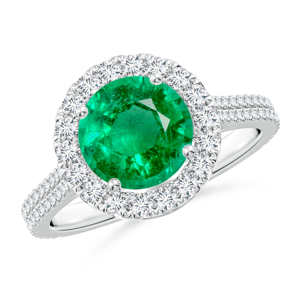 8mm AAA Round Emerald Halo Ring with Diamond Accents in White Gold