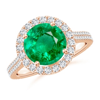 9mm AAA Round Emerald Halo Ring with Diamond Accents in Rose Gold