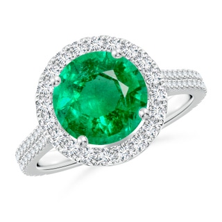 9mm AAA Round Emerald Halo Ring with Diamond Accents in S999 Silver