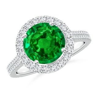9mm AAAA Round Emerald Halo Ring with Diamond Accents in P950 Platinum