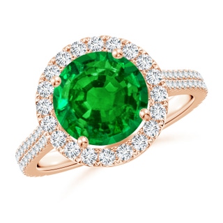 9mm AAAA Round Emerald Halo Ring with Diamond Accents in Rose Gold