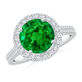 9mm AAAA Round Emerald Halo Ring with Diamond Accents in S999 Silver