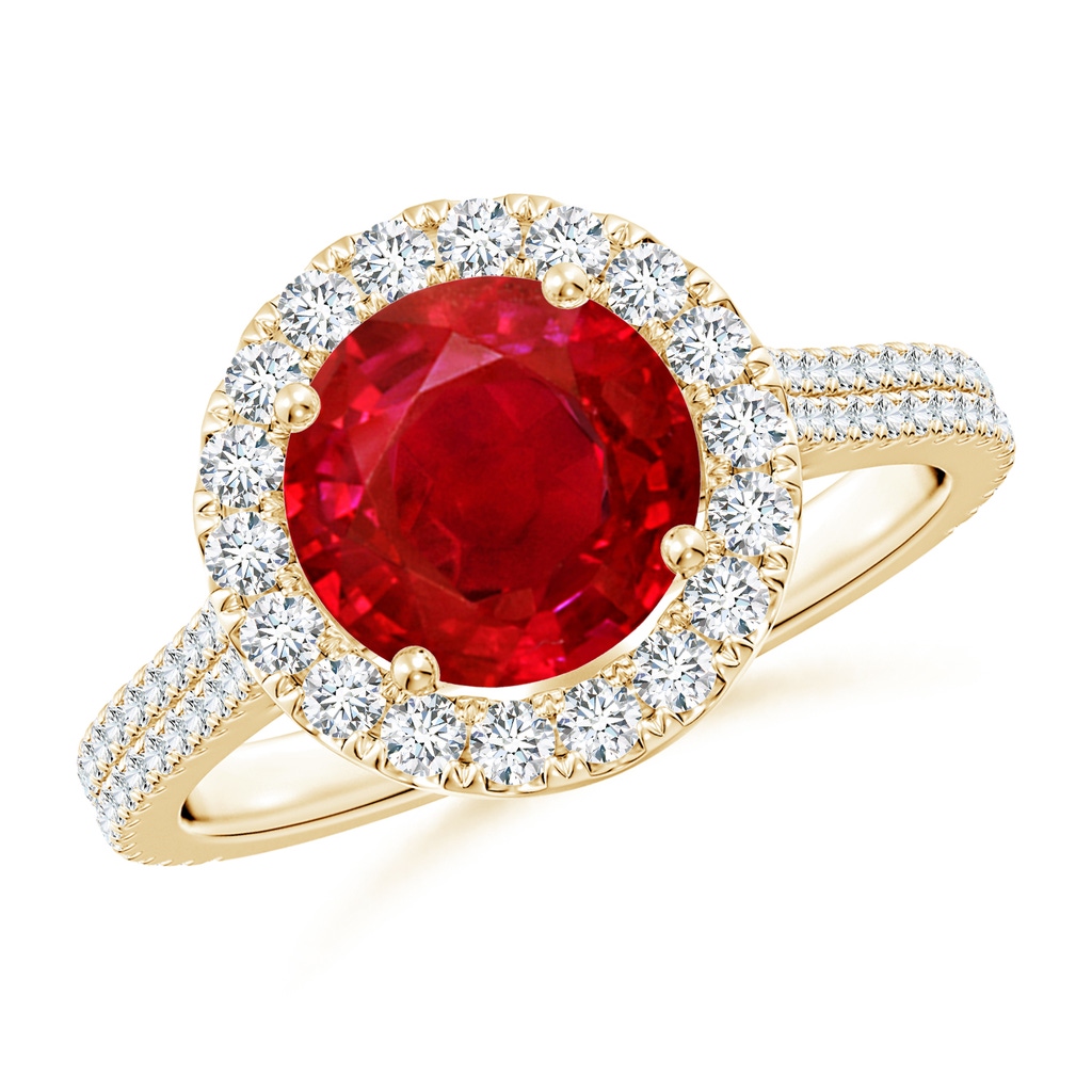 8mm AAA Round Ruby Halo Ring with Diamond Accents in Yellow Gold