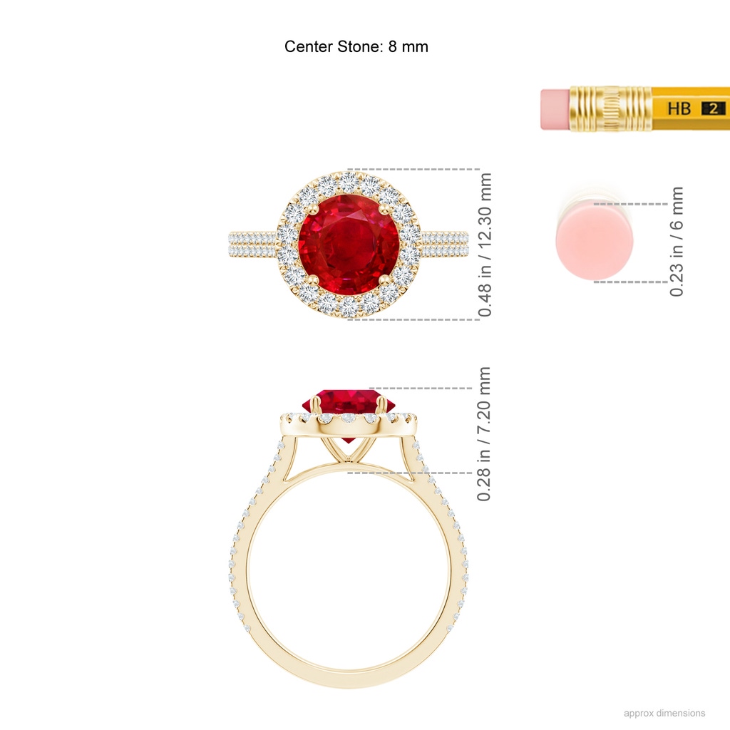 8mm AAA Round Ruby Halo Ring with Diamond Accents in Yellow Gold ruler