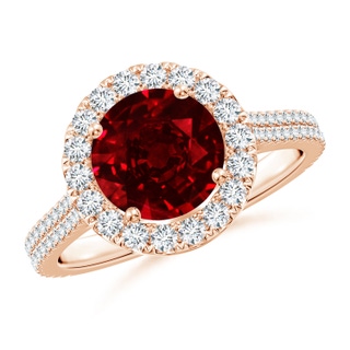 8mm AAAA Round Ruby Halo Ring with Diamond Accents in Rose Gold