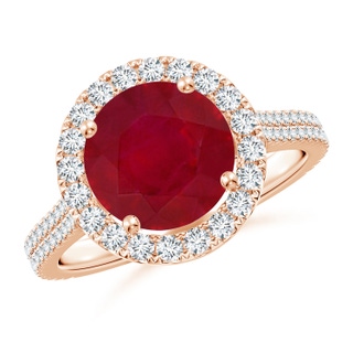 9mm AA Round Ruby Halo Ring with Diamond Accents in Rose Gold