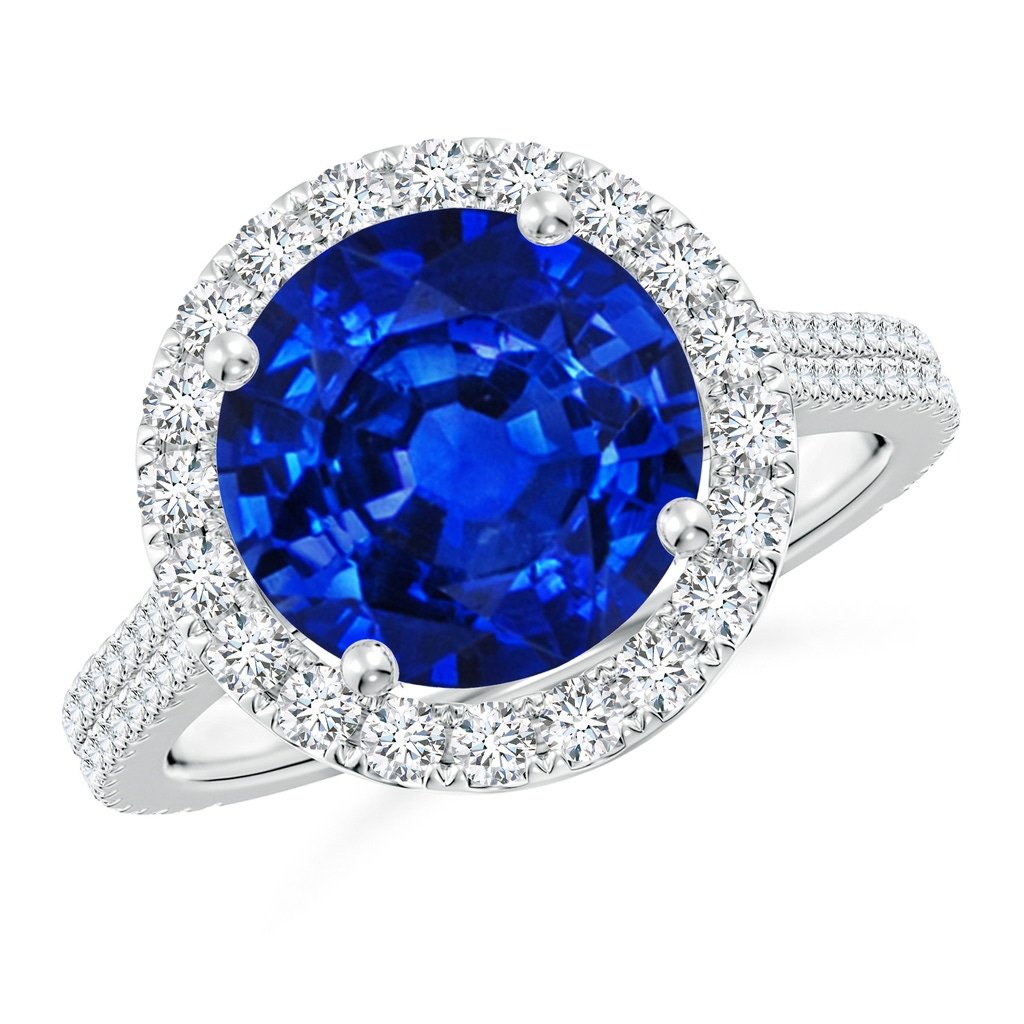 10mm AAAA Round Blue Sapphire Halo Ring with Diamond Accents in S999 Silver