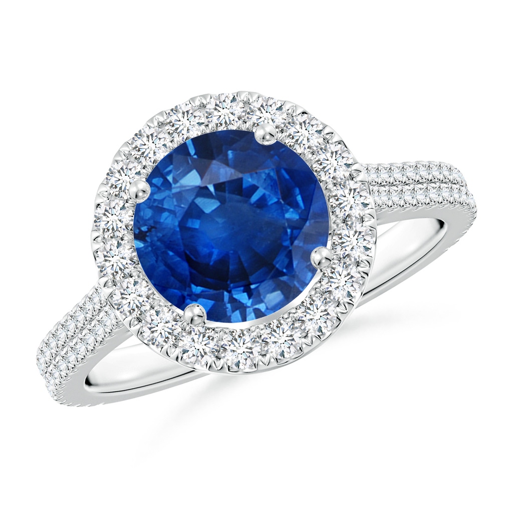 8mm AAA Round Blue Sapphire Halo Ring with Diamond Accents in White Gold