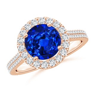 8mm AAAA Round Blue Sapphire Halo Ring with Diamond Accents in Rose Gold