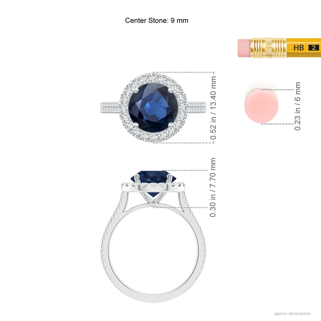 9mm AA Round Blue Sapphire Halo Ring with Diamond Accents in P950 Platinum ruler