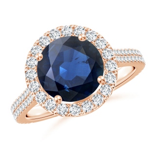 9mm AA Round Blue Sapphire Halo Ring with Diamond Accents in Rose Gold
