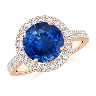 9mm AAA Round Blue Sapphire Halo Ring with Diamond Accents in Rose Gold