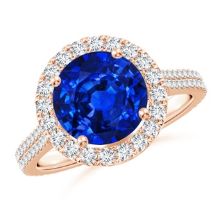 9mm AAAA Round Blue Sapphire Halo Ring with Diamond Accents in Rose Gold