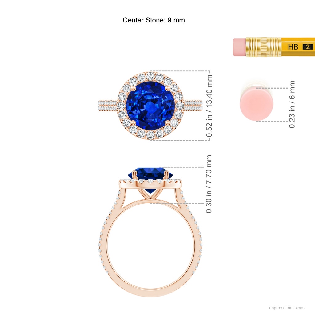9mm AAAA Round Blue Sapphire Halo Ring with Diamond Accents in Rose Gold ruler