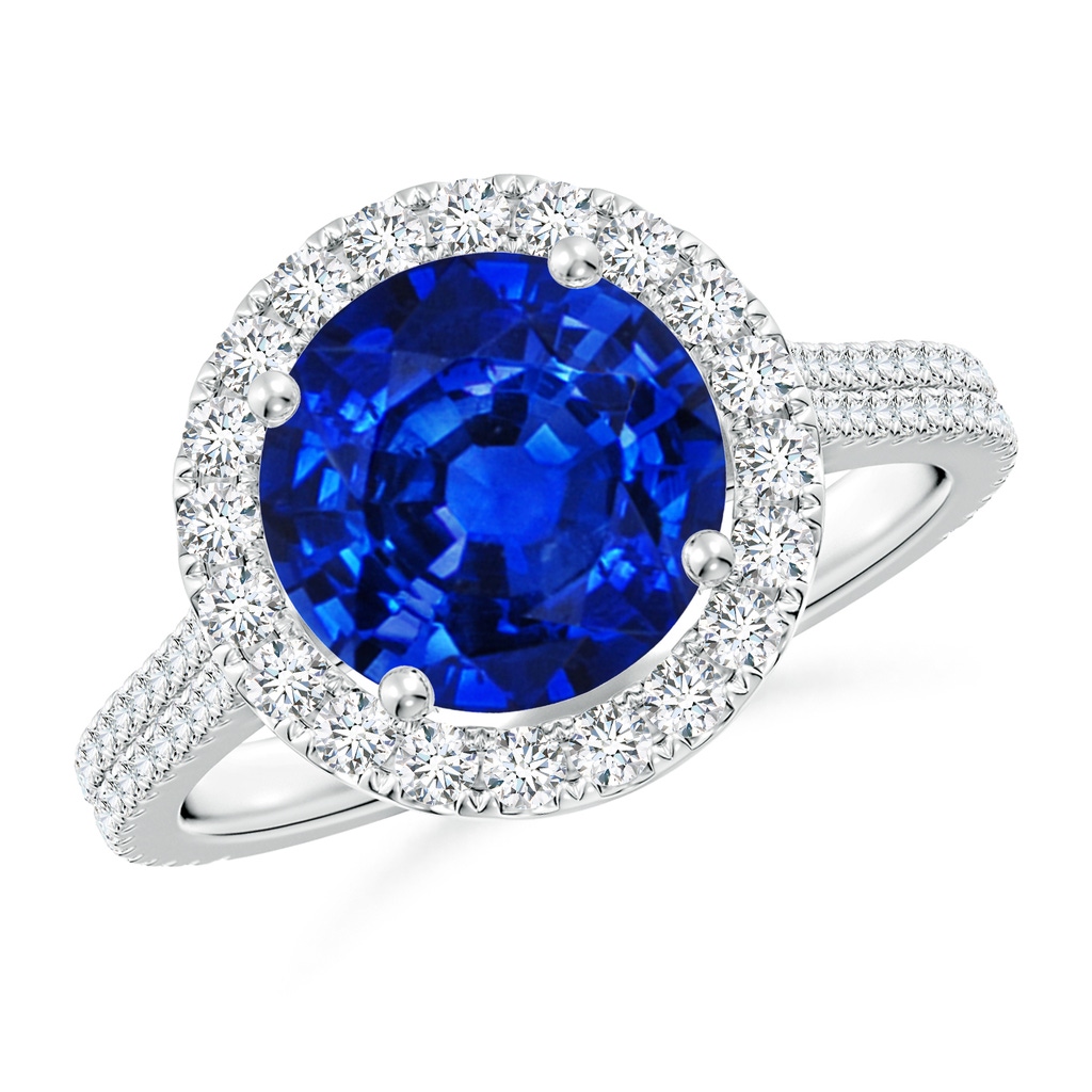 9mm AAAA Round Blue Sapphire Halo Ring with Diamond Accents in White Gold